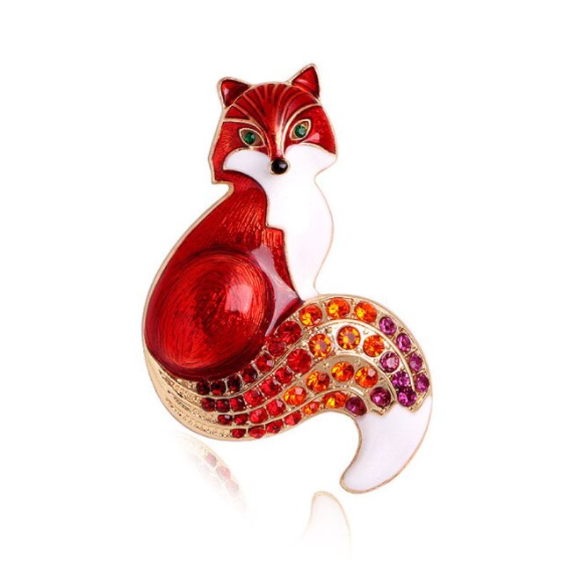 Red Fox with Crystal Rhinestone Tail - Brooch - Click Image to Close